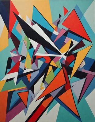 The primary subject of the image is a colorful, abstract painting featuring a mix of red, blue, yellow, and green colors. The painting is displayed on a blue wall, which serves as the setting or background. The visual style of the painting appears to be a combination of digital art and illustration, creating a vibrant and dynamic scene. The dominant colors and overall atmosphere of the painting evoke a sense of energy and creativity.
